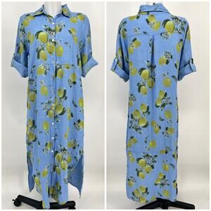 Italian 100% Linen Midi Shirt Dress Italy Limoncello Print L Blue Yellow Lemon
